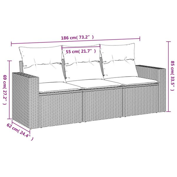 vidaXL havesofasæt 3 dele med hynder polyrattan grå