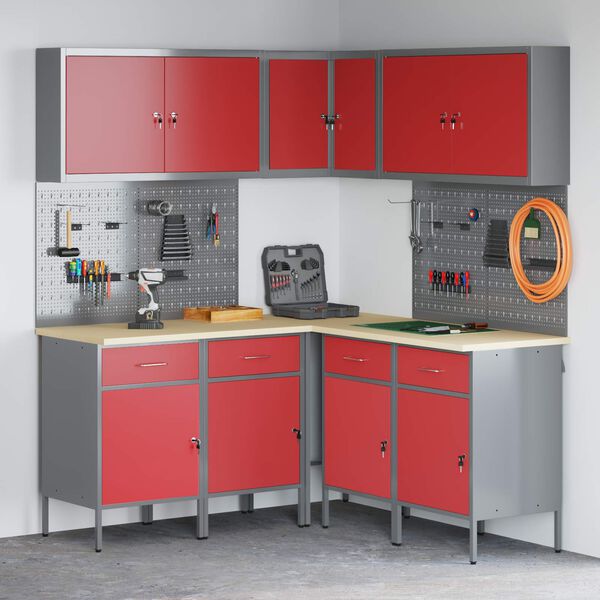 vidaXL Arbejds skab S&aelig;t med skuffe med hylde med l&aring;s 12 pcs R&oslash;d og Gr&aring;