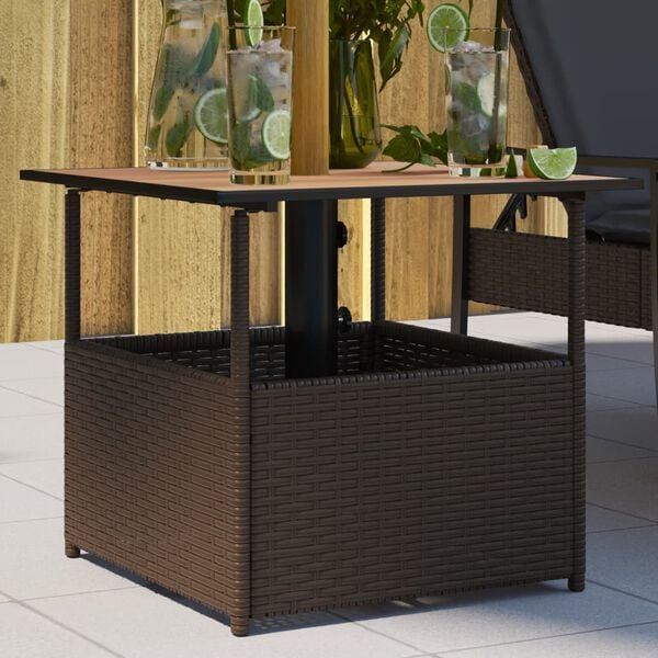vidaXL havebord med parasolhul 55x55x46,5 cm polyrattan brun