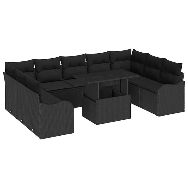 vidaXL Havesofa Sæt med pude med pude 10 pcs Sort Poly Rattan