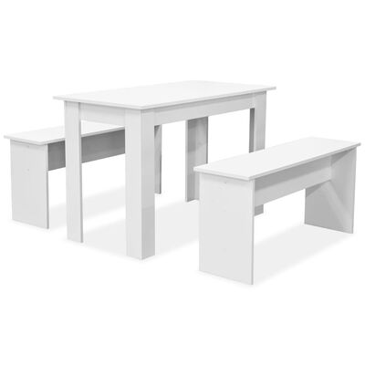 vidaXL spisebord og bænke 3 dele spånplade hvid