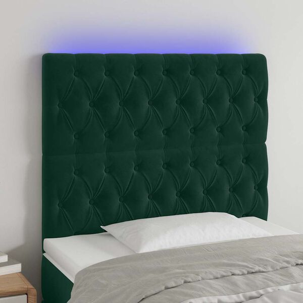 vidaXL sengegavl med LED-lys 100x7x118/128 cm fl&oslash;jl m&oslash;rkegr&oslash;n
