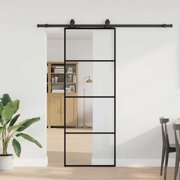 vidaXL skydedør med hardwaresæt 76x205 cm ESG glas sort