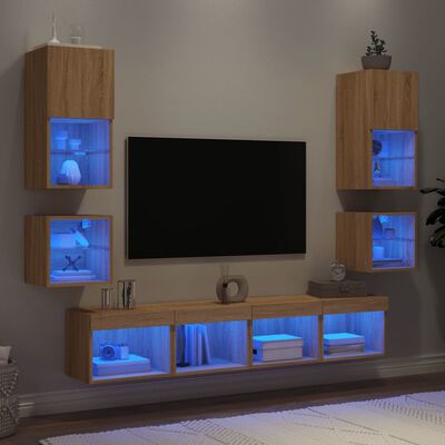 vidaXL tv-møbel til væg 8 dele med LED-lys konstrueret træ sonoma-eg