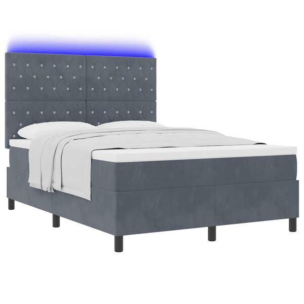 vidaXL LED Box Spring Bed med madras M&oslash;rkegr&aring; 140 x 190 cm Stof