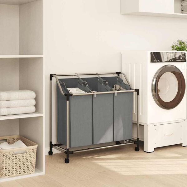 vidaXL vasketøjskurv med hjul 3 rum grå