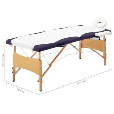 vidaXL sammenfoldeligt massagebord med træstel 2 zoner hvid og lilla