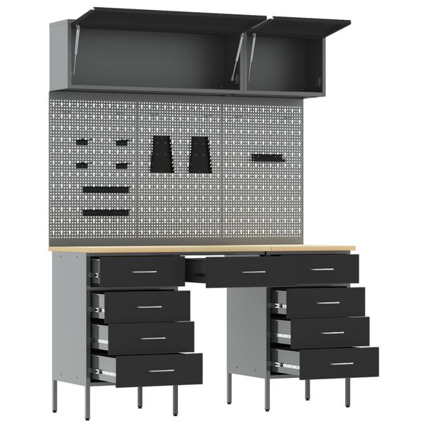 vidaXL Arbejdsskab 8 pcs Sort 150 x 55 x 200 cm Ingeni&oslash;rtr&aelig; og St&aring;l