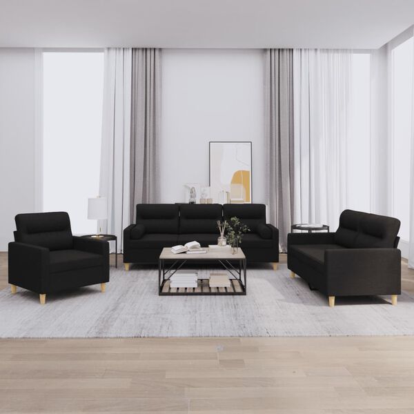 vidaXL sofasæt 3 dele med puder stof sort