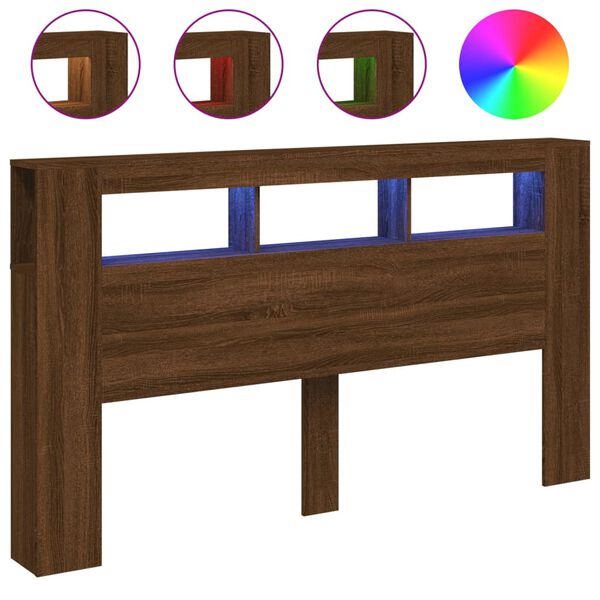 vidaXL sengegavl m. LED-lys 180x18,5x103,5 cm konstrueret tr&aelig; brunt eg