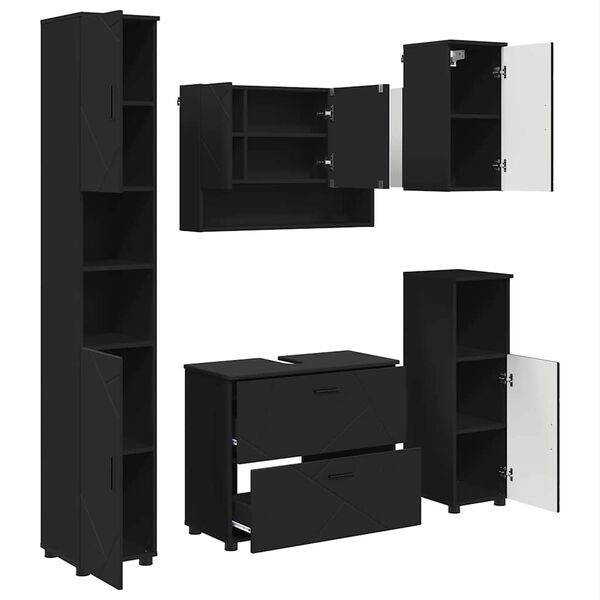 vidaXL Badev&aelig;relsesm&oslash;bel s&aelig;t med skuffe 5 pcs Sort Samlet tr&aelig; og metal