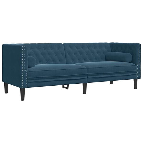 vidaXL 3-personers Chesterfield-sofa med bolsterpuder fl&oslash;jl bl&aring;