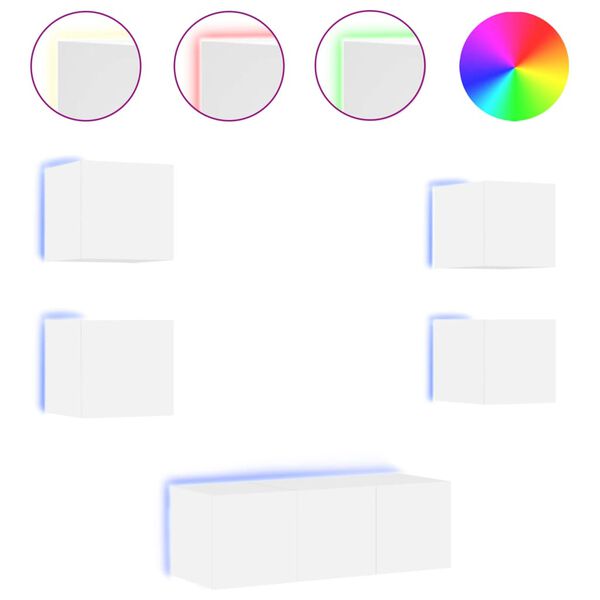 vidaXL tv-møbel til væg 6 dele med LED-lys konstrueret træ hvid