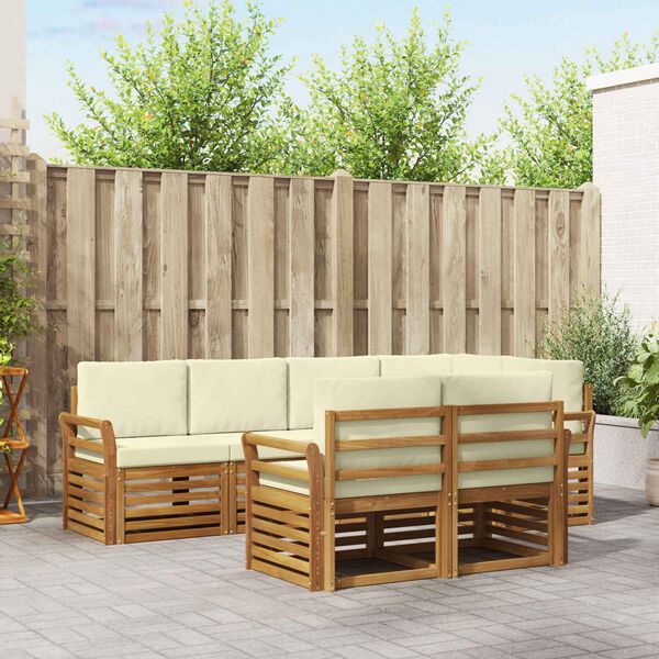 vidaXL Sektionalsofa s&aelig;t 7 pcs Naturlig og Fl&oslash;de Massivt Akacietr&aelig;