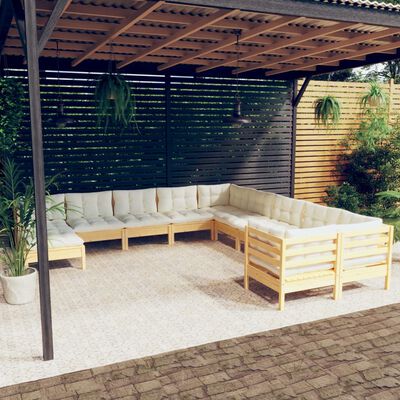 vidaXL loungesæt til haven 11 dele med cremefarvede hynder fyrretræ