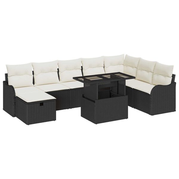 vidaXL Havesofa S&aelig;t med pude med opbevaring 9 pcs Sort Poly rattan