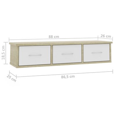 vidaXL vægskab med skuffer 88 x 26 x 18,5 cm spånplade hvid og sonoma-eg