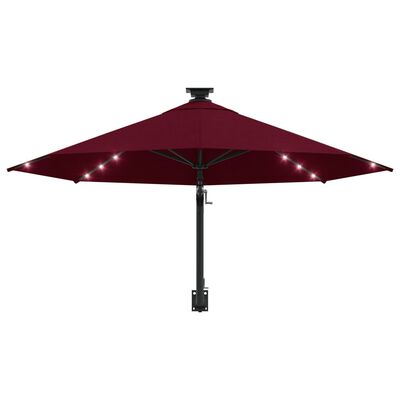 vidaXL væghængt parasol med LED-lys + metalstang 300 cm bordeauxfarvet