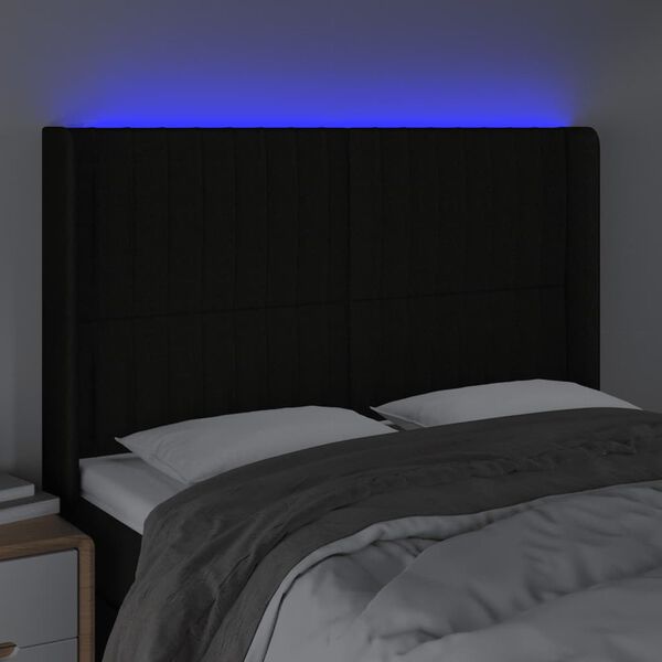 vidaXL sengegavl med LED-lys 147x16x118/128 cm stof sort