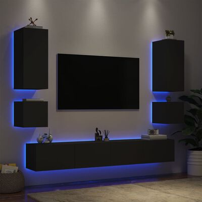 vidaXL væghængt tv-møbel 6 dele med LED-lys sort