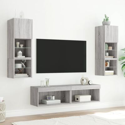 vidaXL tv-møbel til væg 6 dele med LED-lys konstrueret træ grå sonoma