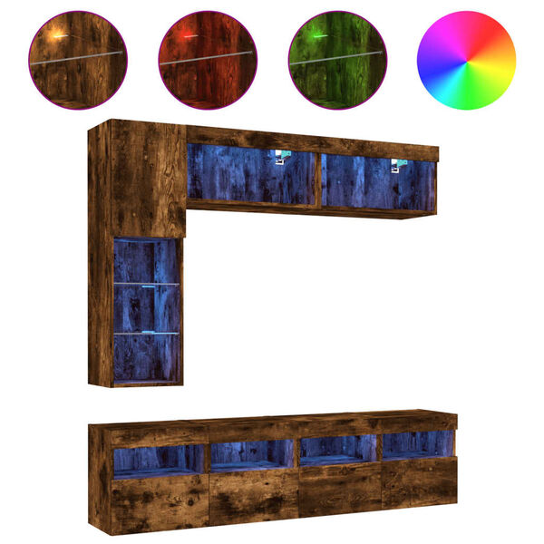 vidaXL v&aelig;gh&aelig;ngt tv-m&oslash;bel 7 dele med LED-lys r&oslash;get egetr&aelig;sfarve