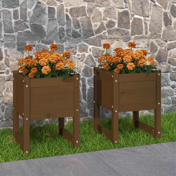 vidaXL plantekasser 2 stk. 40x40x52,5 cm massivt fyrretr&aelig; gyldenbrun