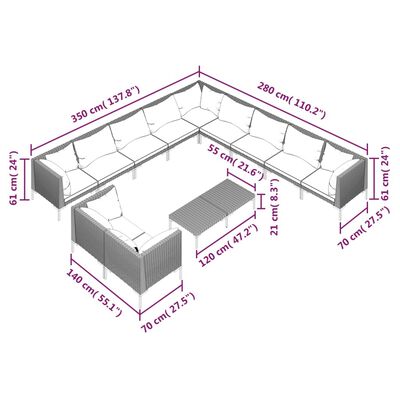 vidaXL loungesæt til haven 12 dele med hynder polyrattan mørkegrå