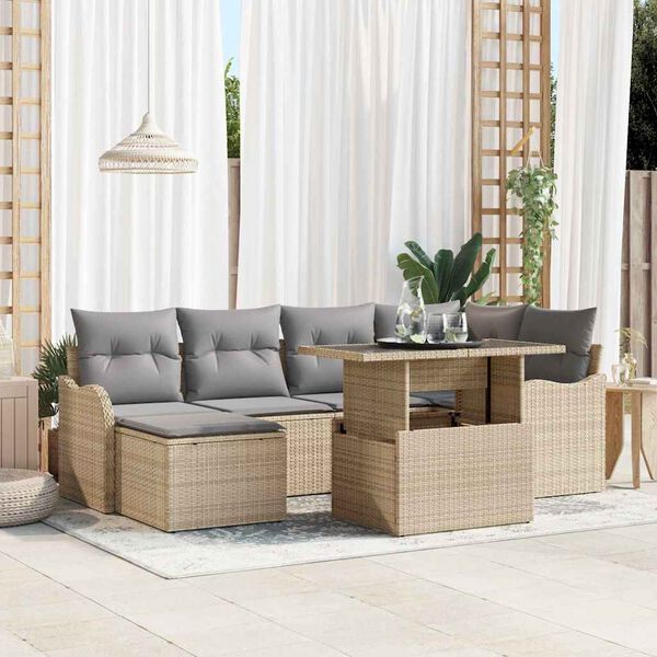 vidaXL Havesofa S&aelig;t med pude med opbevaring 7 pcs Beige Poly rattan