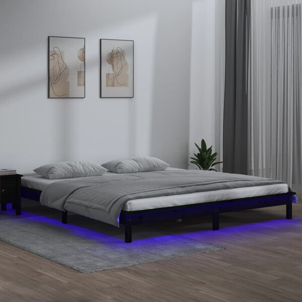 vidaXL sengeramme med LED-lys 200x200 cm massivt tr&aelig; sort