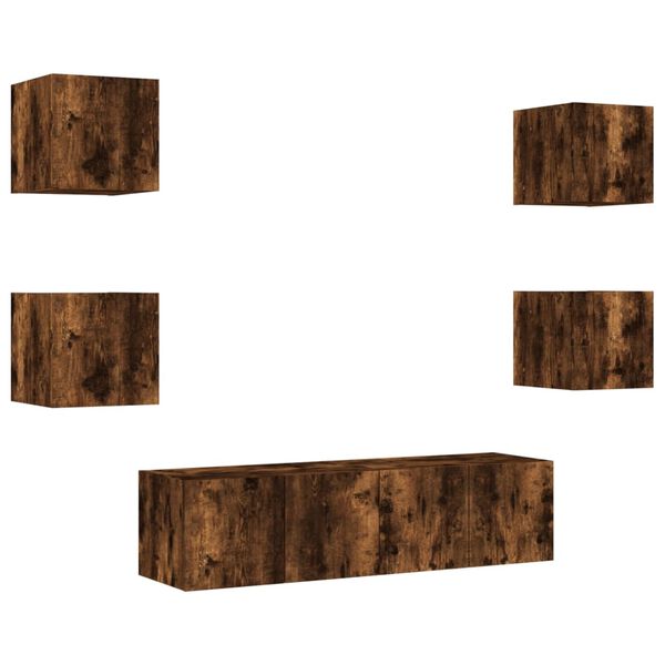 vidaXL tv-m&oslash;bel til v&aelig;g 6 dele med LED-lys konstrueret tr&aelig; r&oslash;get eg