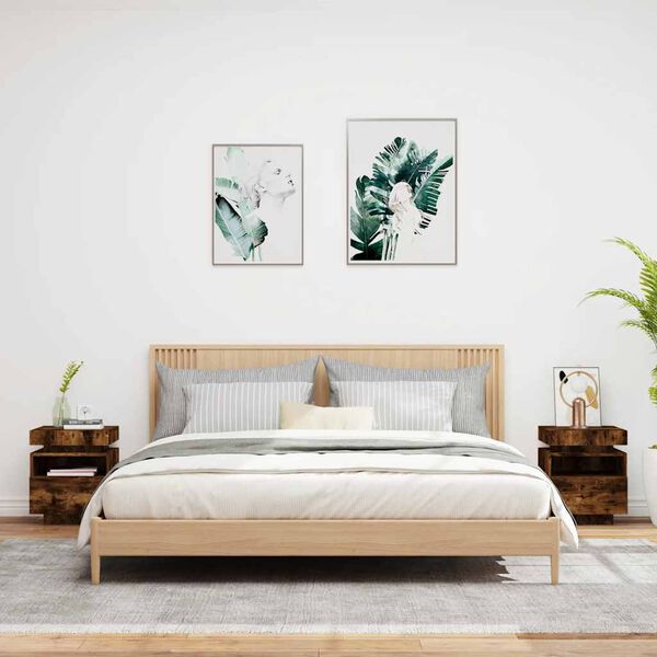 vidaXL sengeborde 2 stk. med LED-lys 40x39x48,5 cm røget egetræsfarve