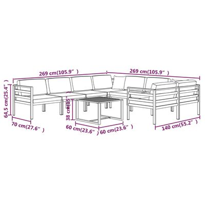 vidaXL loungesæt til haven 9 dele med hynder aluminium antracitgrå