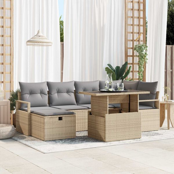 vidaXL Havesofa S&aelig;t med pude med opbevaring 7 pcs Beige Poly rattan