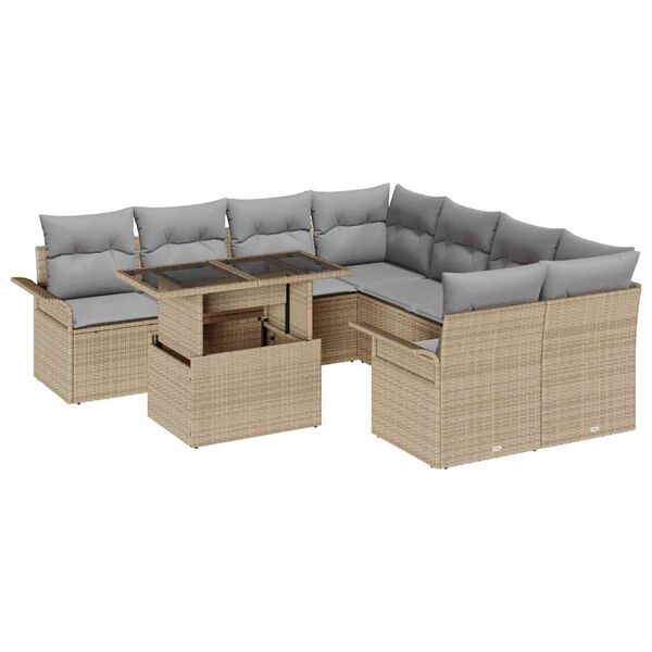 vidaXL Havesofa S&aelig;t med pude med opbevaring 9 pcs Beige Poly Rattan