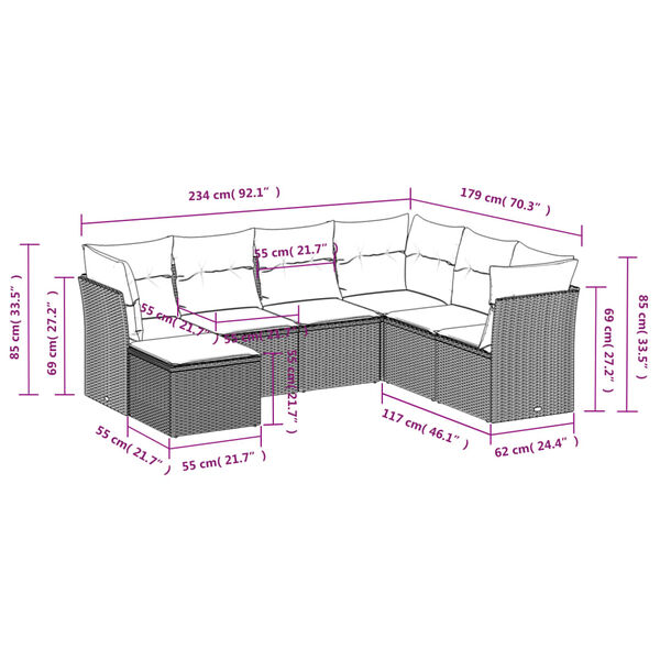 vidaXL sofasæt til haven 7 dele med hynder polyrattan brun