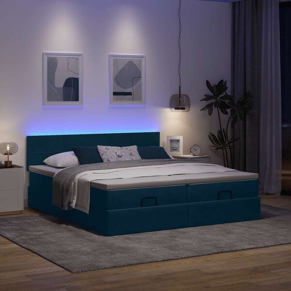 vidaXL Ottoman seng med madrasser & LEDs M&oslash;rkebl&aring; 200x200cm Fl&oslash;jl