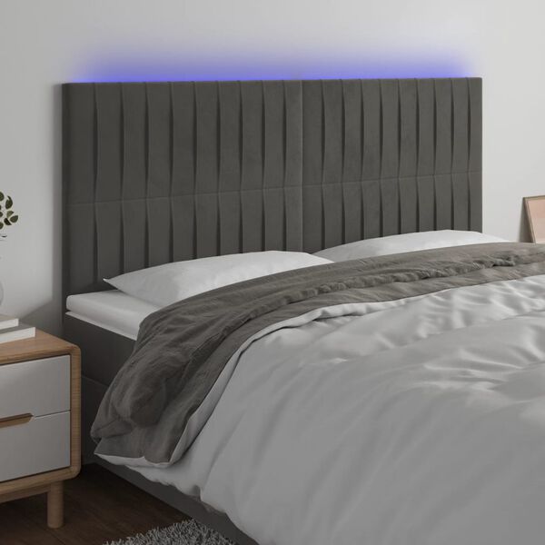 vidaXL sengegavl med LED-lys 160x5x118/128 cm fl&oslash;jl m&oslash;rkegr&aring;