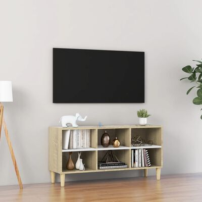 vidaXL tv-skab med massive træben 103,5x30x50 cm hvid og sonoma-eg