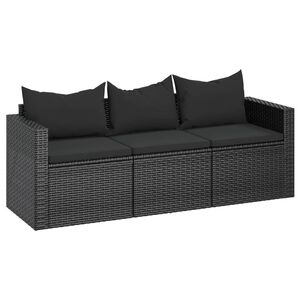 vidaXL 3-personers havesofa med hynder polyrattan sort