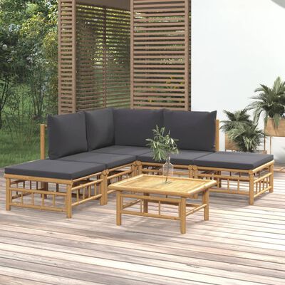 vidaXL loungesæt til haven 6 dele med mørkegrå hynder bambus