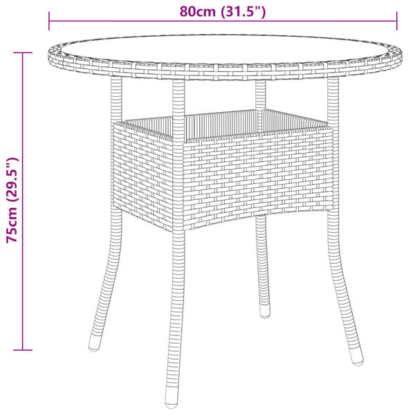 vidaXL havebord Ø80x75 cm hærdet glas og polyrattan sort
