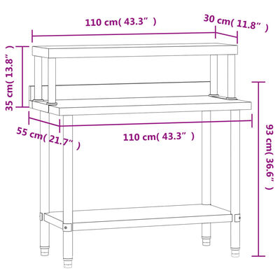 vidaXL køkkenbord med tophylde 110x55x120 cm rustfrit stål