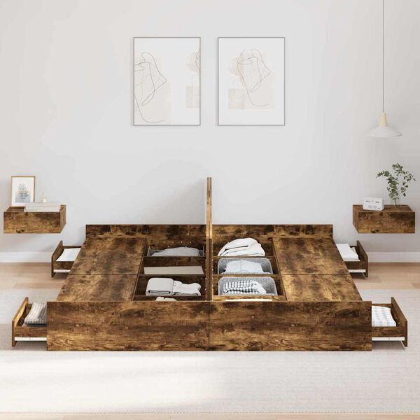 vidaXL Seng med opbevaring Røget eg 200 x 200 cm Konstrueret træ