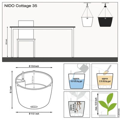 LECHUZA hængende plantekrukke NIDO Cottage 35 ALL-IN-ONE grafitsort