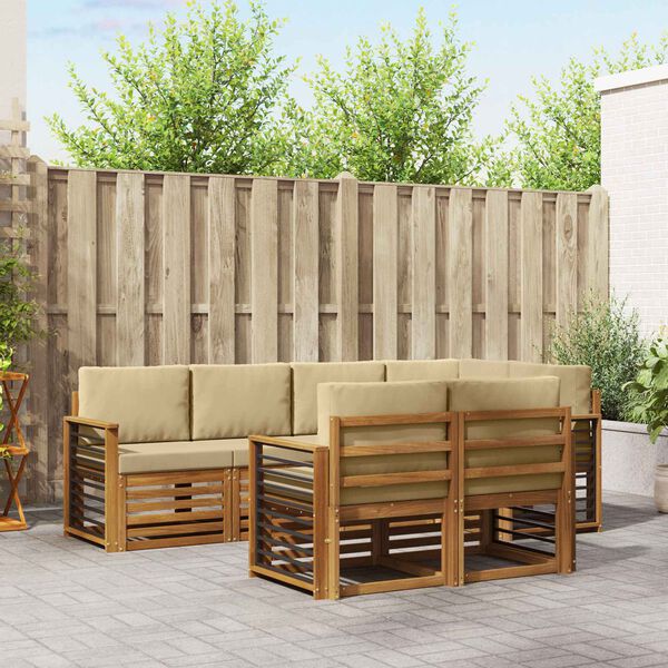vidaXL Sektionalsofa s&aelig;t 7 pcs Naturlig og Beige Massivt Akacietr&aelig;