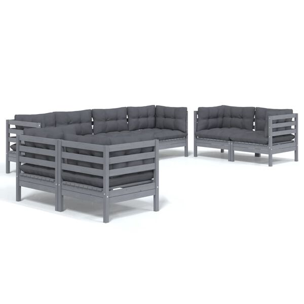 vidaXL loungesæt til haven 8 dele med hynder massivt fyrretræ grå