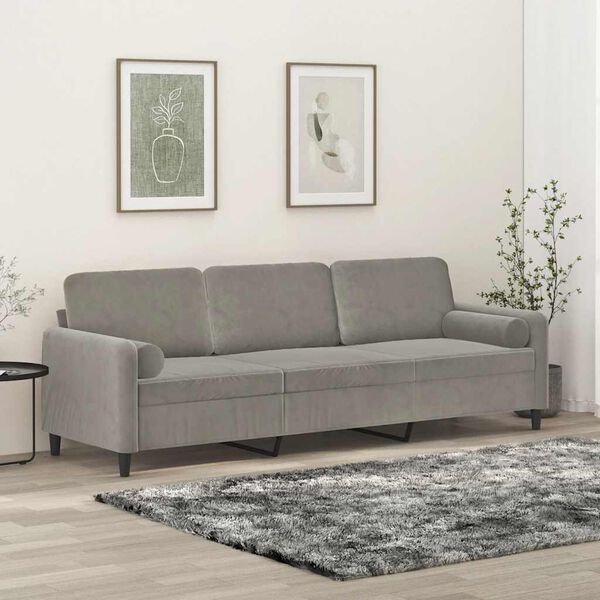 vidaXL 3-personers sofa med puder og hynder 210 cm velour lysegr&aring;