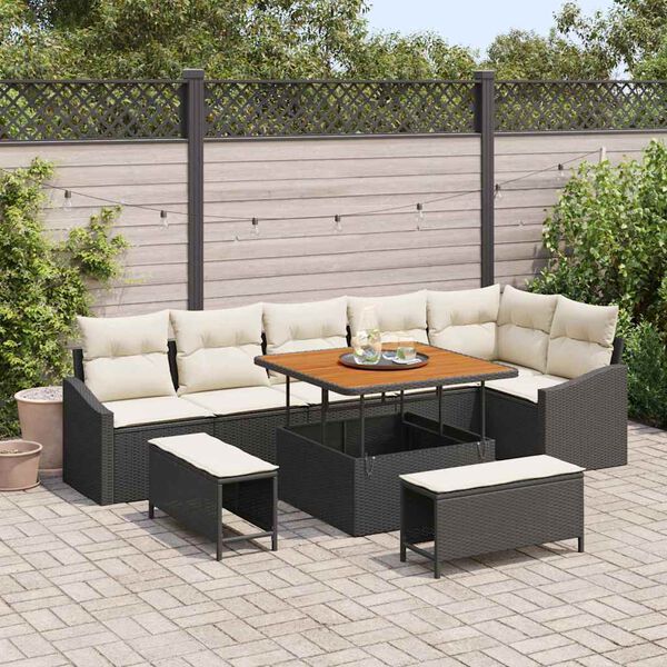 vidaXL Havesofa Sæt med pude 9 pcs Sort Poly rattan