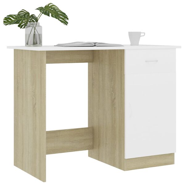 vidaXL skrivebord 100x50x76 cm konstrueret træ hvid og sonoma-eg